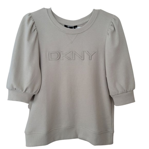 Dkny Tops - NWT DKNY Taupe Embroidered Logo French Terry Elbow Length Puffy Sleeves Size S